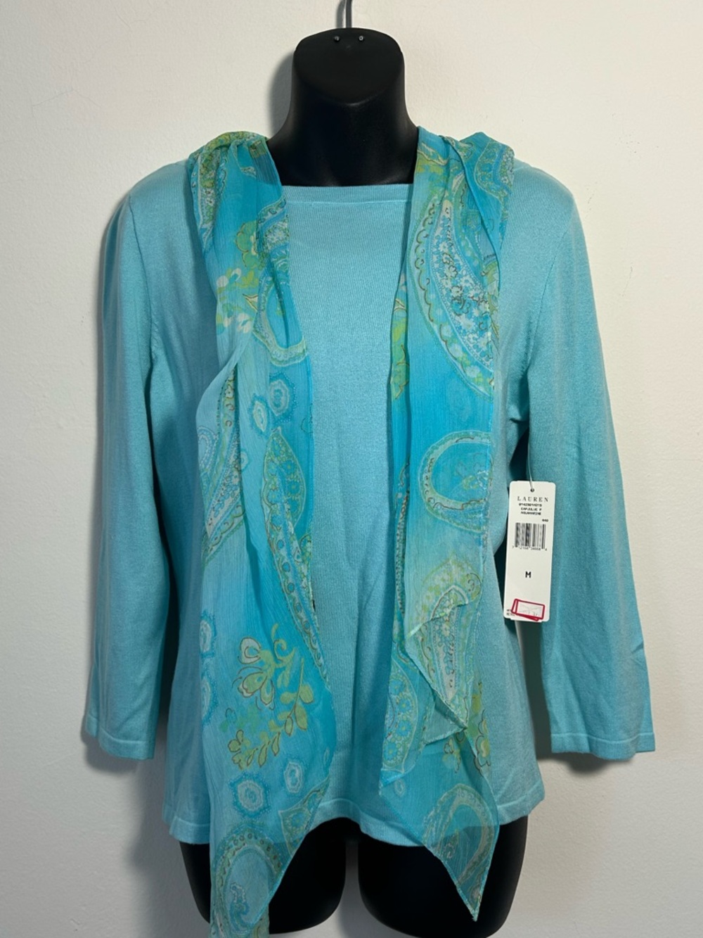 Ralph Lauren Turquoise Blue Blouse with Paisley Scarf Detail